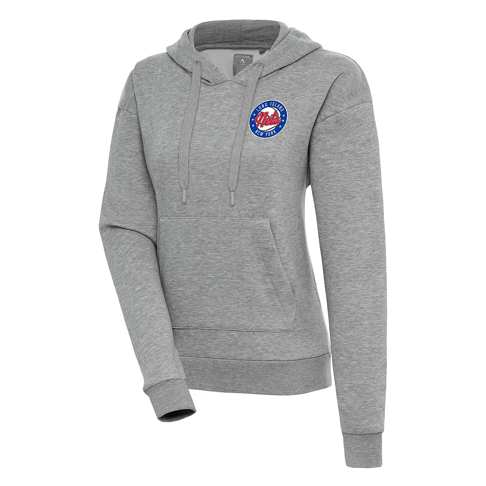 Women's Antigua Heather Gray Long Island Nets Victory Pullover Hoodie