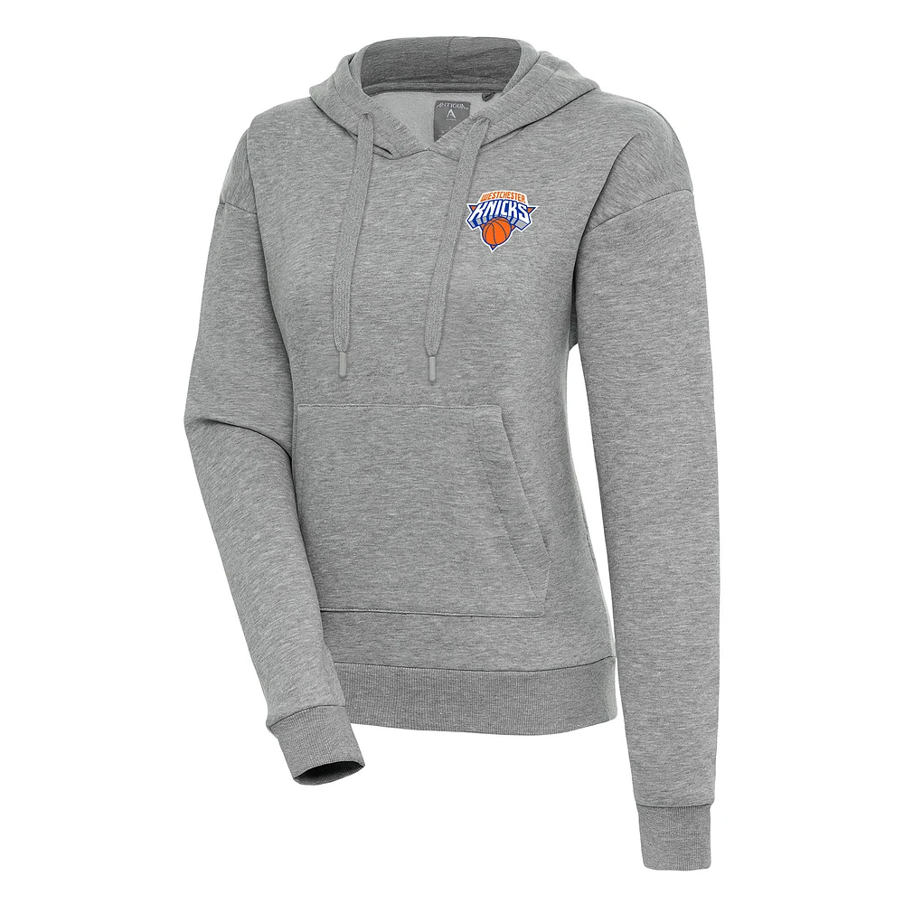 Women's Antigua Heather Gray Westchester Knicks Victory Pullover Hoodie