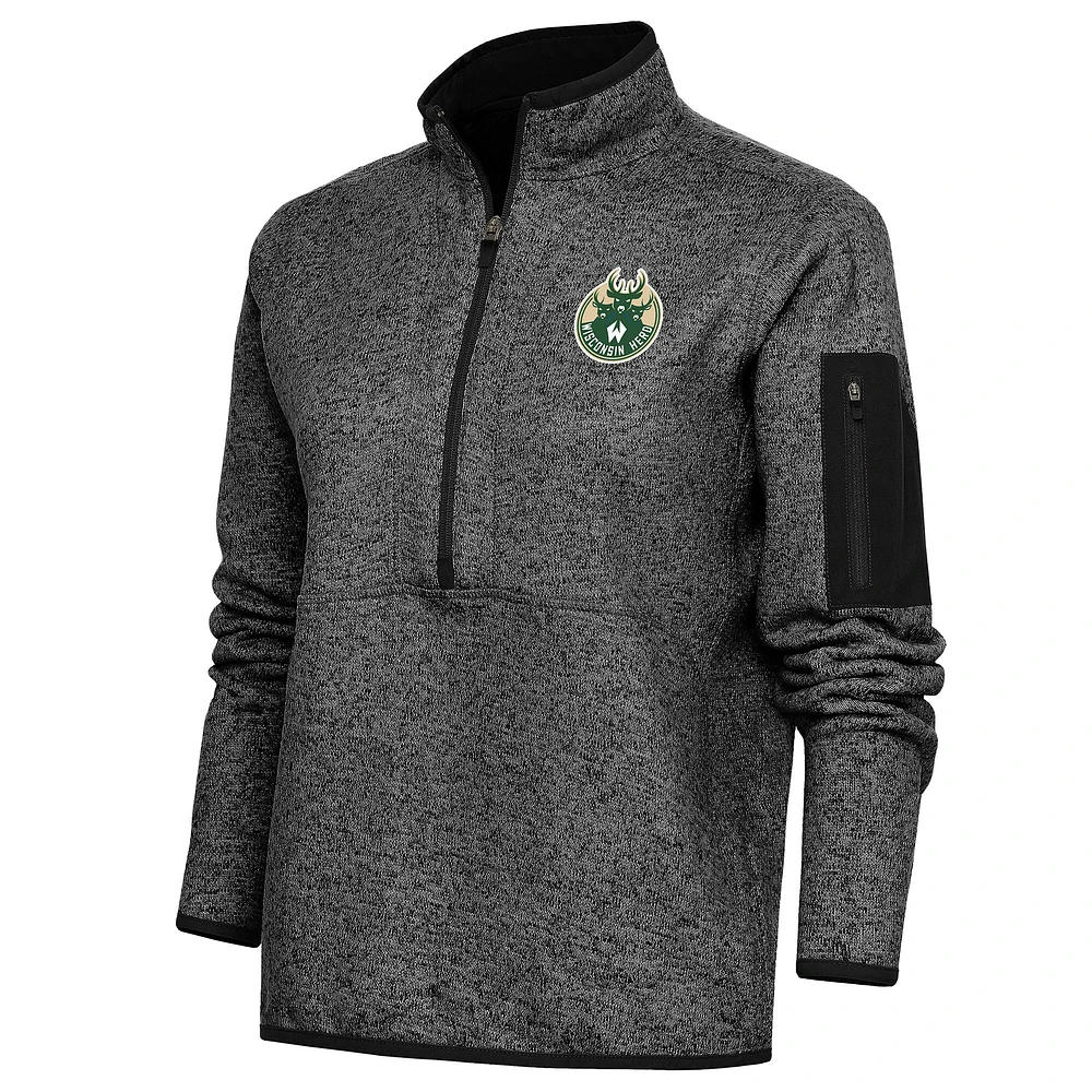 Women's Antigua Heather Black Wisconsin Herd Fortune Half-Zip Pullover Jacket