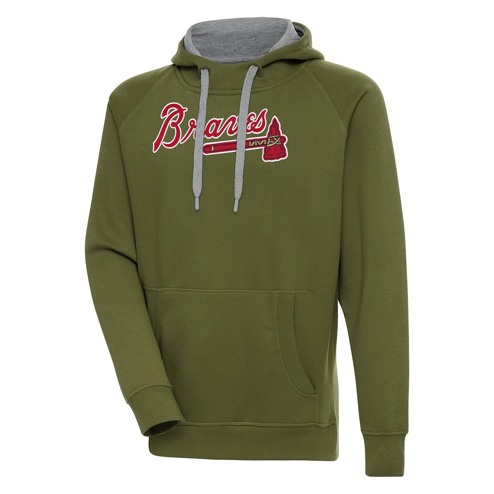 Men's Antigua Olive Atlanta Braves Victory Pullover Hoodie