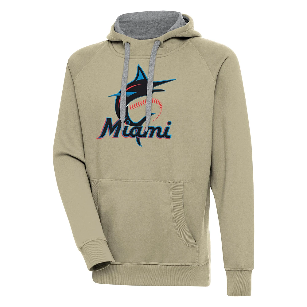 Men's Antigua Khaki Miami Marlins Victory Pullover Hoodie