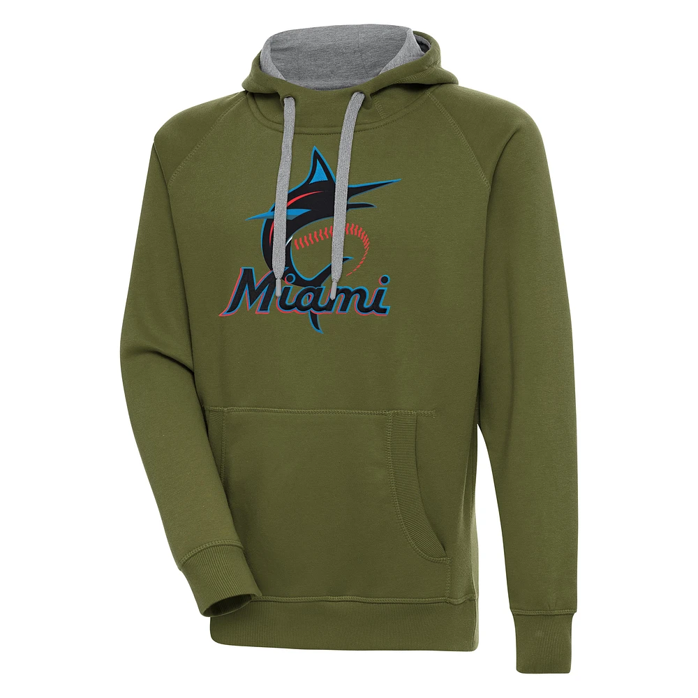 Men's Antigua Olive Miami Marlins Victory Pullover Hoodie
