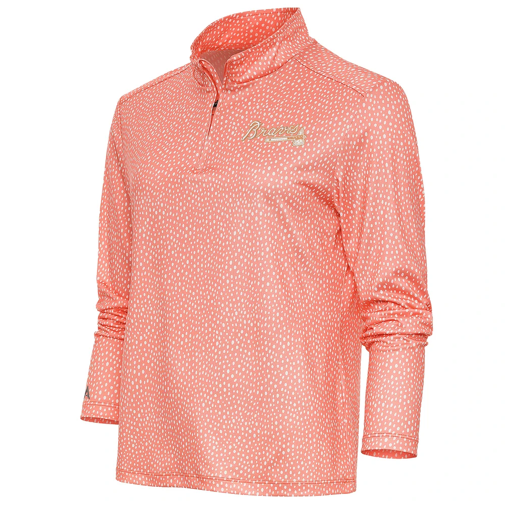 Women's Antigua Coral Atlanta Braves Tonal Wiki Quarter-Zip Pullover Top