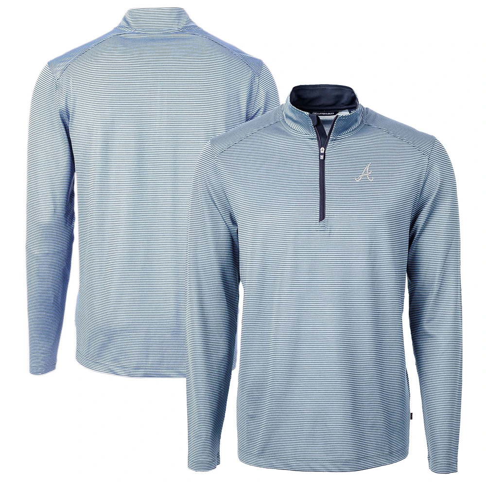 Men's Cutter & Buck Light Blue/Navy Atlanta Braves Virtue Eco Pique Micro Stripe Recycled Quarter-Zip Pullover Top