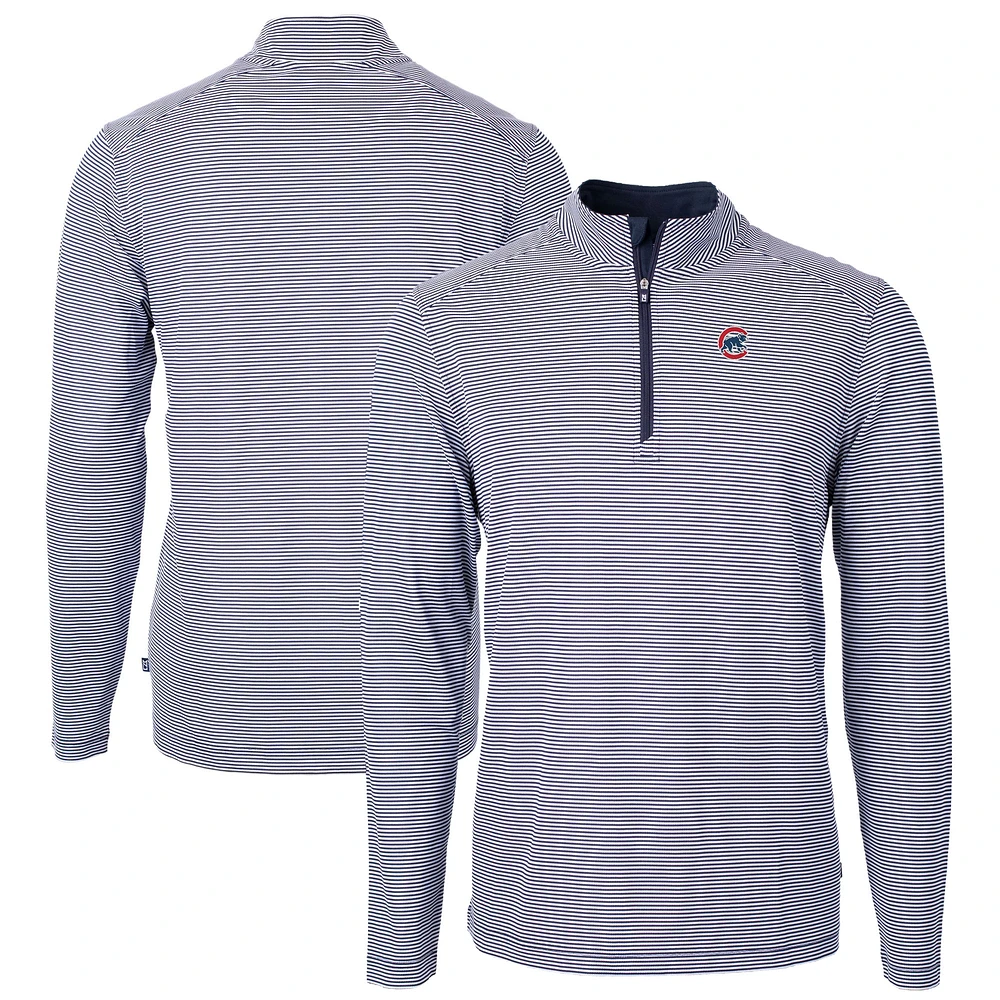 Men's Cutter & Buck Navy/White Chicago Cubs Virtue Eco Pique Micro Stripe Recycled Quarter-Zip Pullover Top