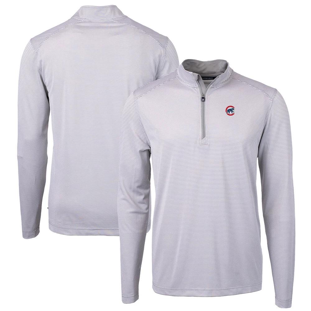 Men's Cutter & Buck Gray/White Chicago Cubs Virtue Eco Pique Micro Stripe Recycled Quarter-Zip Pullover Top