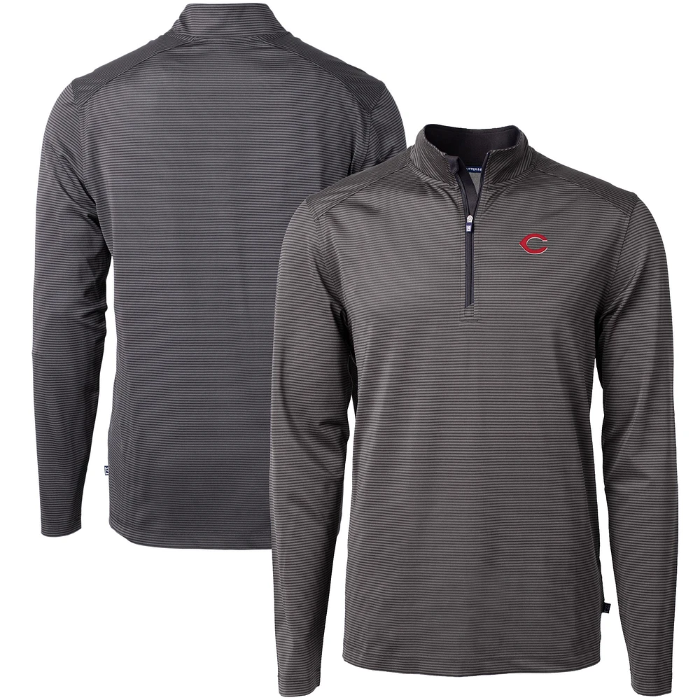 Men's Cutter & Buck Black/Gray Cincinnati Reds Virtue Eco Pique Micro Stripe Recycled Quarter-Zip Pullover Top