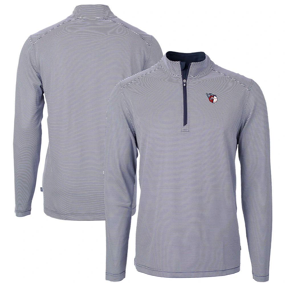 Men's Cutter & Buck Navy/White Cleveland Guardians Virtue Eco Pique Micro Stripe Recycled Quarter-Zip Pullover Top