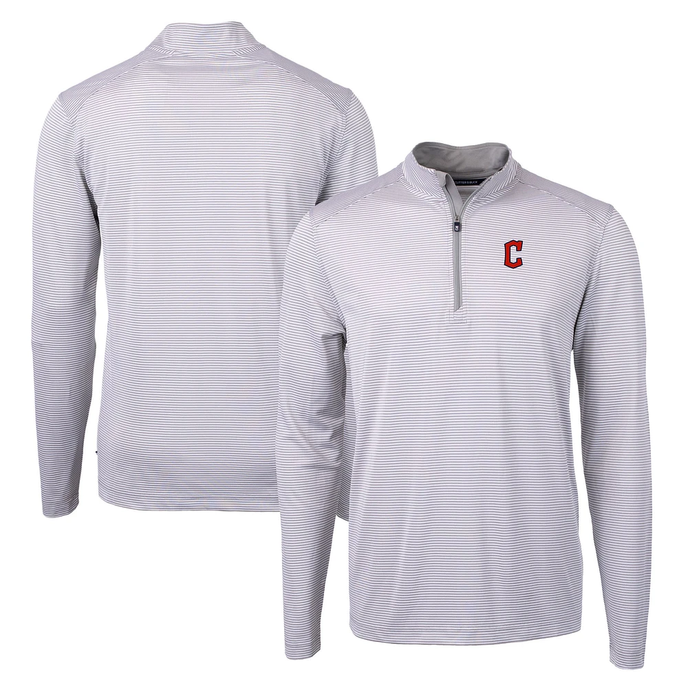 Men's Cutter & Buck Gray/White Cleveland Guardians Virtue Eco Pique Micro Stripe Recycled Quarter-Zip Pullover Top