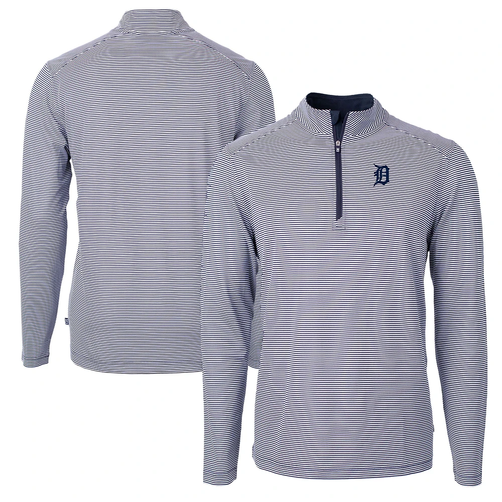 Men's Cutter & Buck Navy/White Detroit Tigers Virtue Eco Pique Micro Stripe Recycled Quarter-Zip Pullover Top