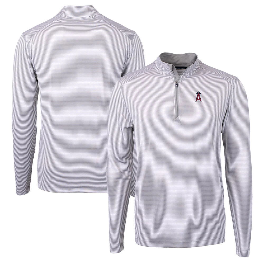 Men's Cutter & Buck Gray/White Los Angeles Angels Virtue Eco Pique Micro Stripe Recycled Quarter-Zip Pullover Top