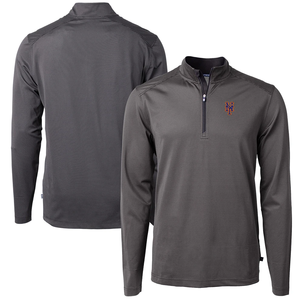 Men's Cutter & Buck Black/Gray New York Mets Virtue Eco Pique Micro Stripe Recycled Quarter-Zip Pullover Top