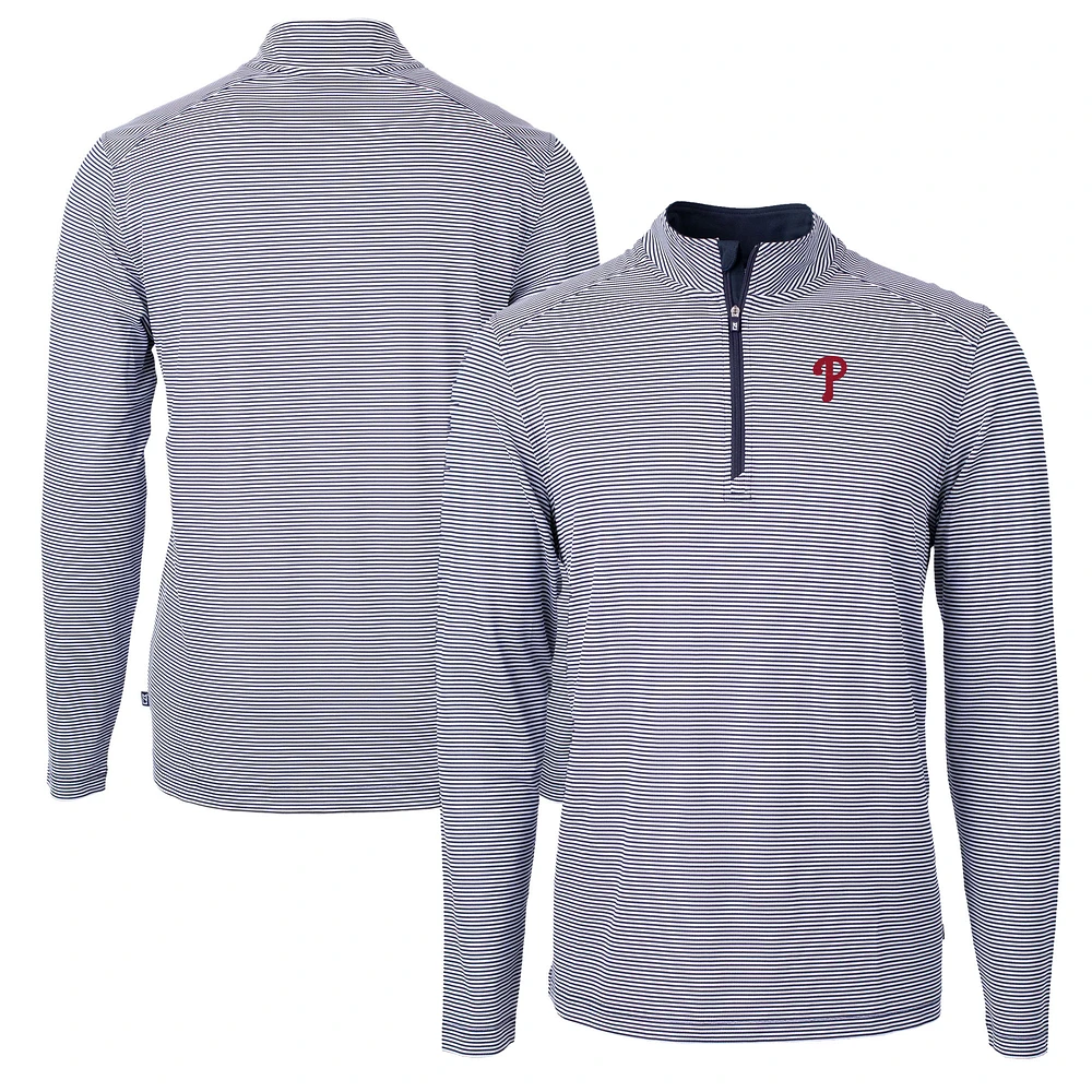 Men's Cutter & Buck Navy/White Philadelphia Phillies Virtue Eco Pique Micro Stripe Recycled Quarter-Zip Pullover Top