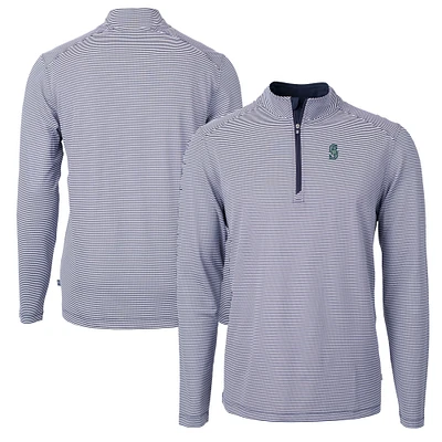 Men's Cutter & Buck Navy/White Seattle Mariners Virtue Eco Pique Micro Stripe Recycled Quarter-Zip Pullover Top