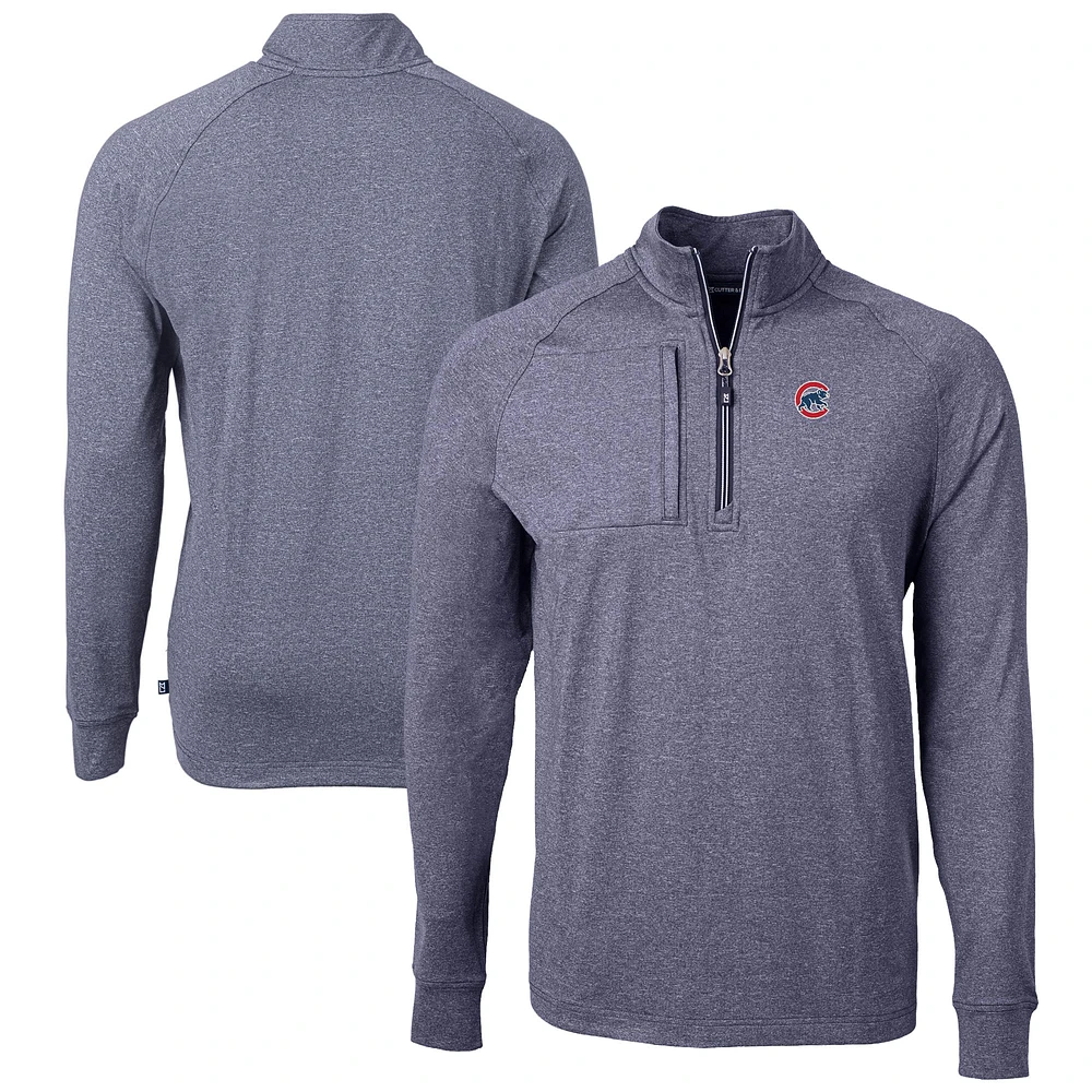 Men's Cutter & Buck Heather Navy Chicago Cubs Adapt Eco Knit Stretch Recycled Quarter-Zip Pullover Top