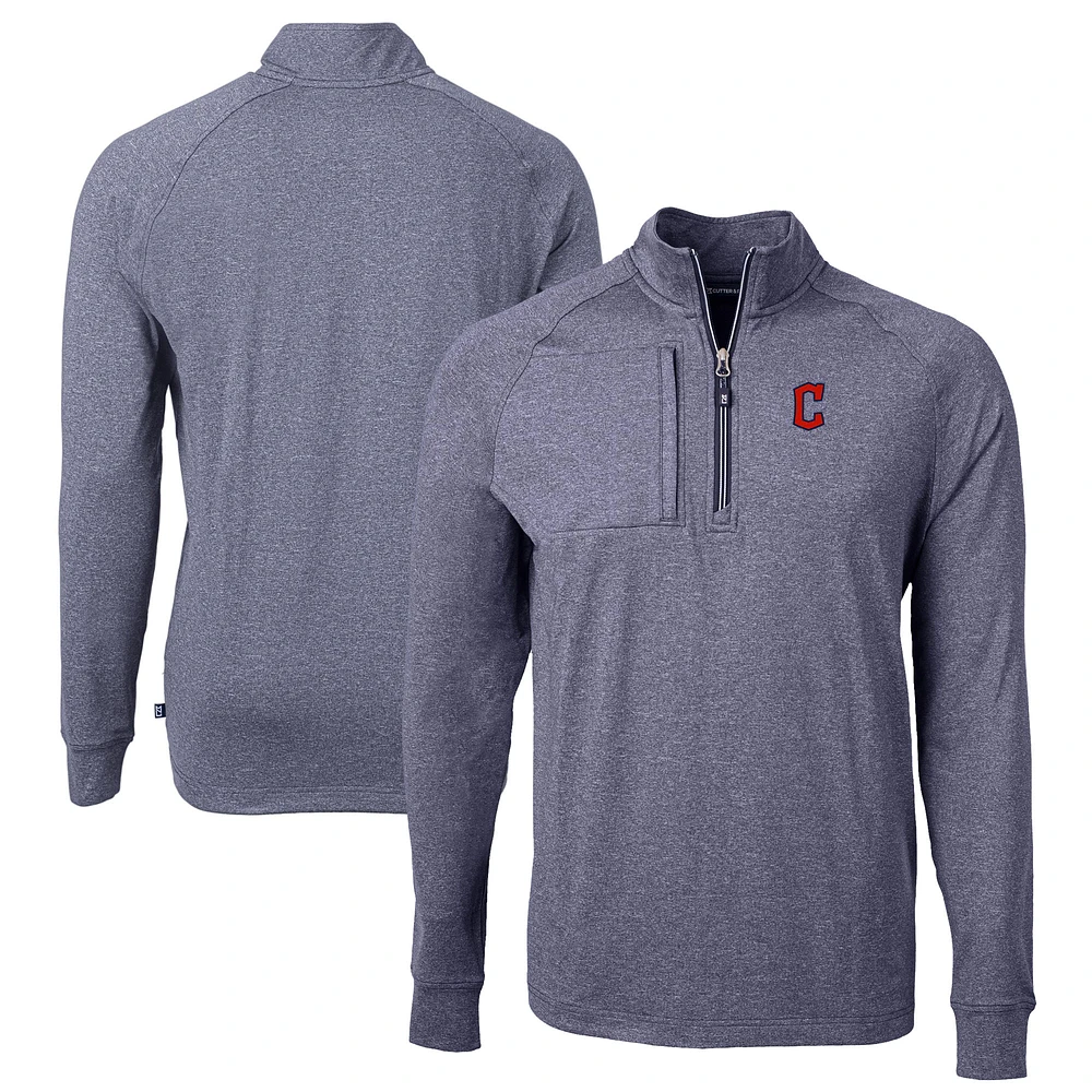 Men's Cutter & Buck Heather Navy Cleveland Guardians Adapt Eco Knit Stretch Recycled Quarter-Zip Pullover Top