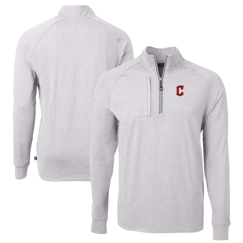 Men's Cutter & Buck Heather Gray Cleveland Guardians Adapt Eco Knit Stretch Recycled Quarter-Zip Pullover Top