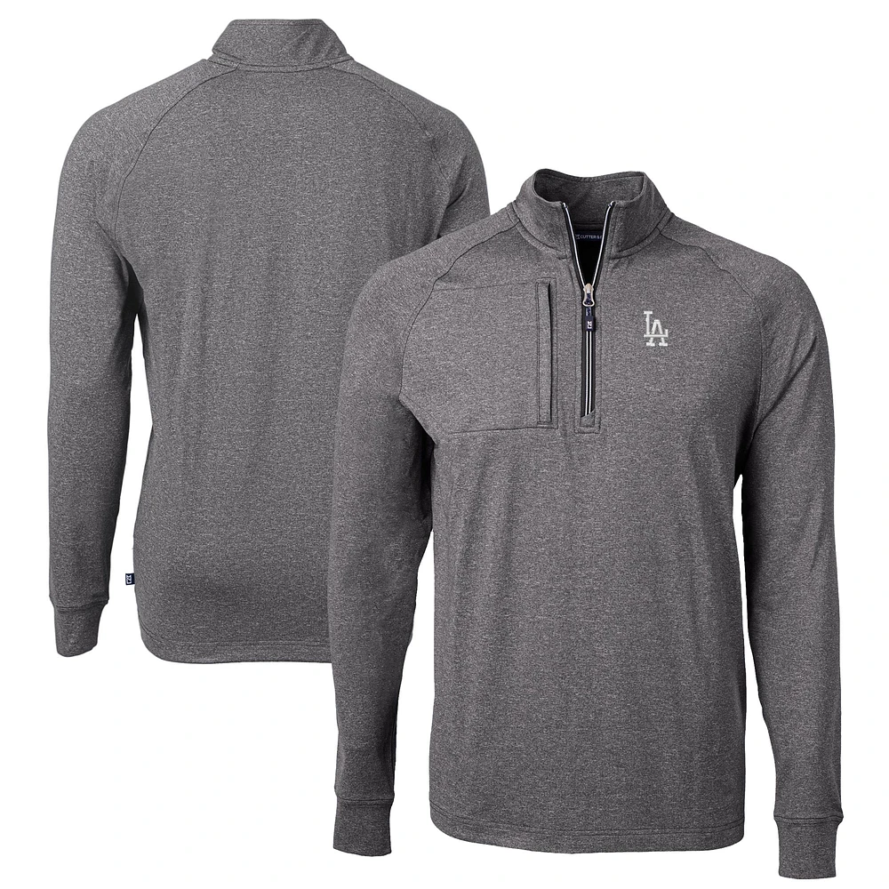 Men's Cutter & Buck Heather Black Los Angeles Dodgers Adapt Eco Knit Stretch Recycled Quarter-Zip Pullover Top