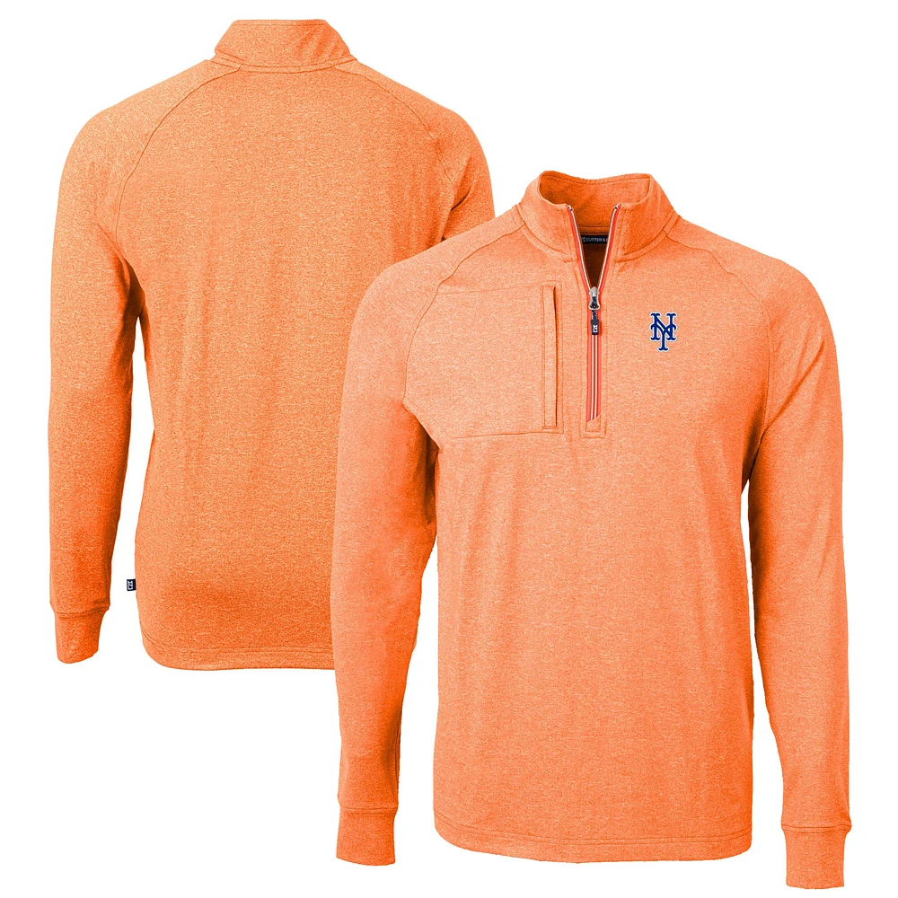 Men's Cutter & Buck Heather Orange New York Mets Adapt Eco Knit Stretch Recycled Quarter-Zip Pullover Top