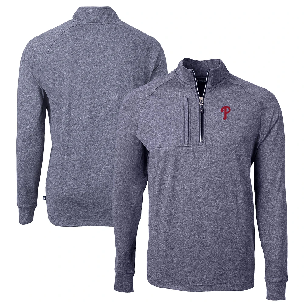 Men's Cutter & Buck Heather Navy Philadelphia Phillies Adapt Eco Knit Stretch Recycled Quarter-Zip Pullover Top