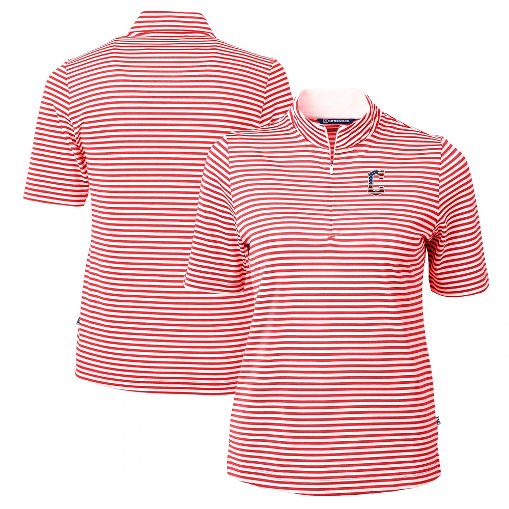 Women's Cutter & Buck Red Cleveland Guardians Virtue Eco Pique Stripe Recycled Quarter-Zip Pullover Top