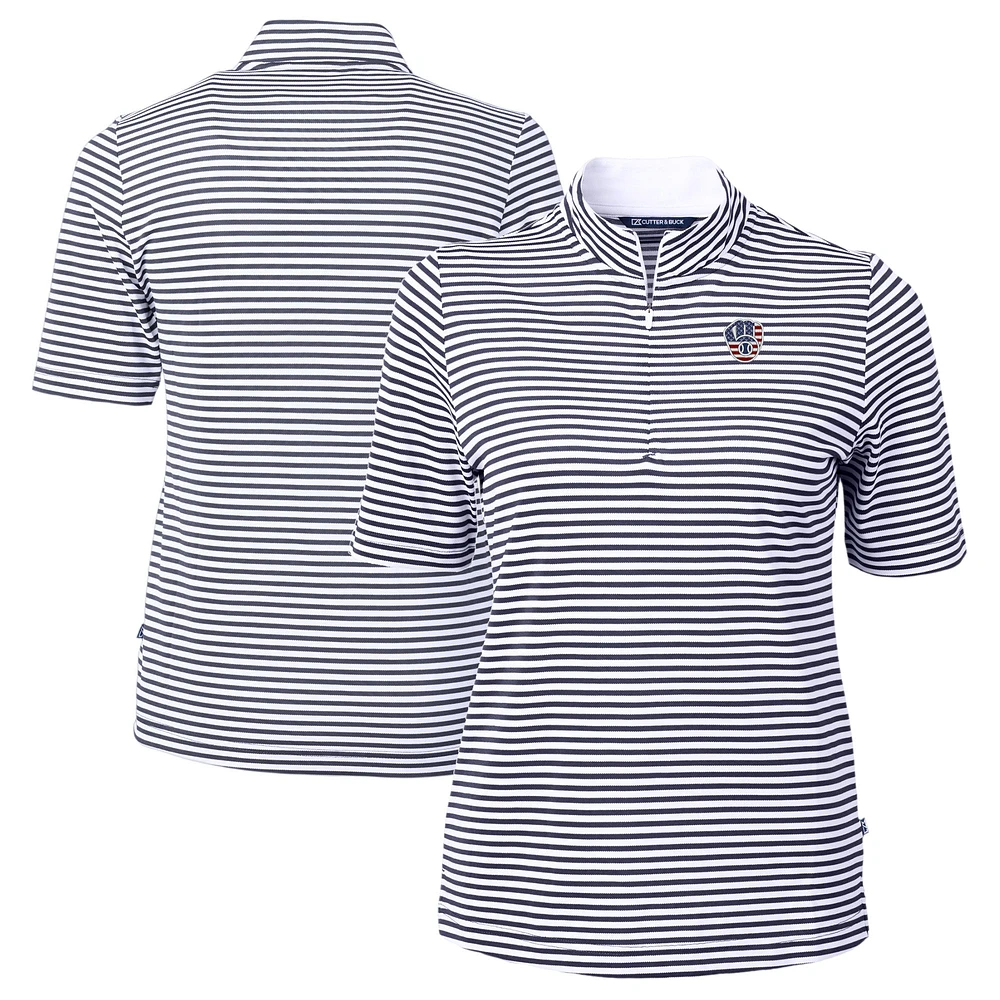 Women's Cutter & Buck Navy Milwaukee Brewers Virtue Eco Pique Stripe Recycled Quarter-Zip Pullover Top