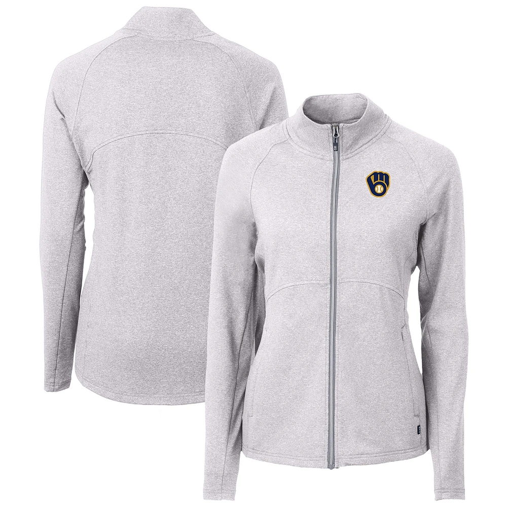 Women's Cutter & Buck Heather Gray Milwaukee Brewers Adapt Eco Knit Raglan Full-Zip Jacket