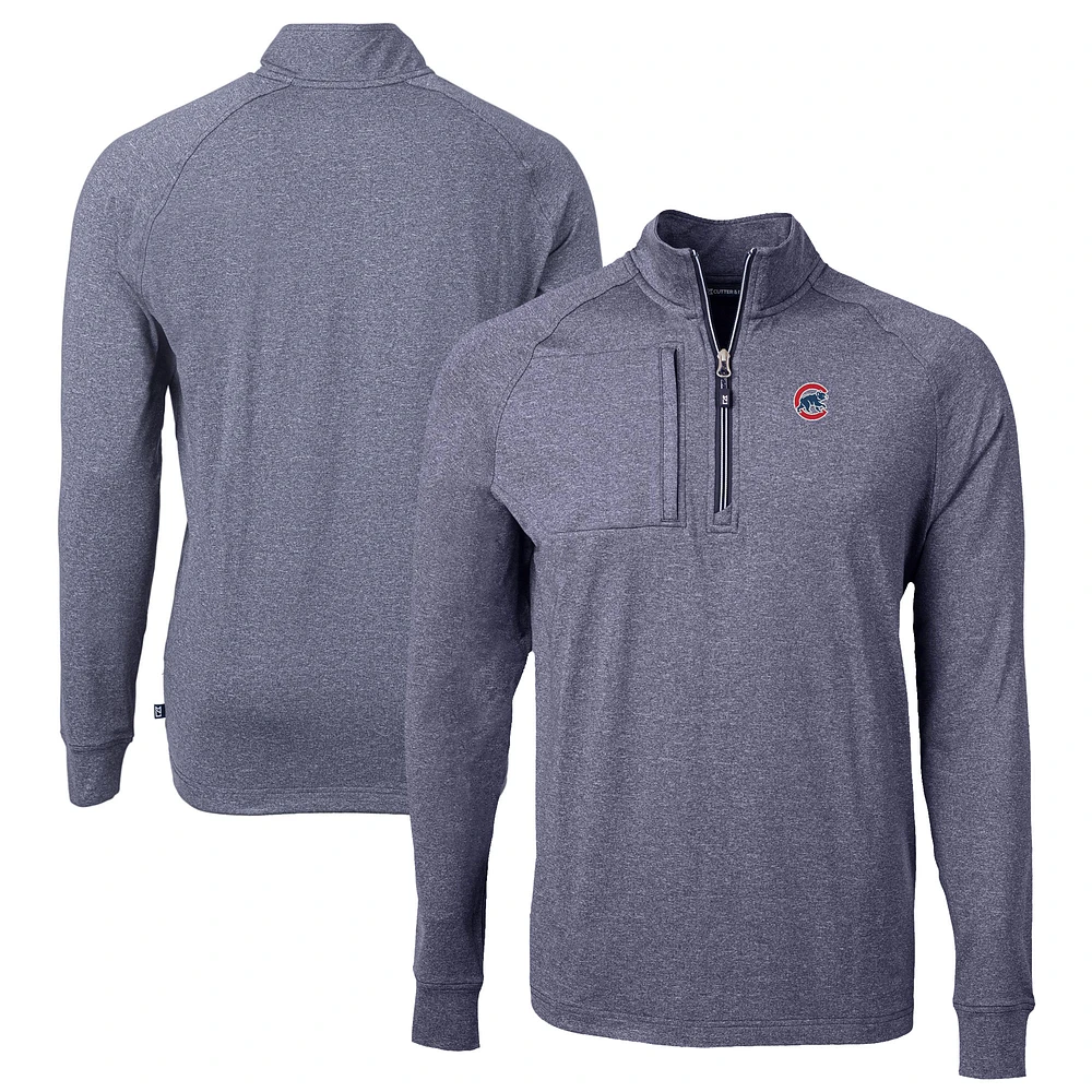 Men's Cutter & Buck Heather Navy Chicago Cubs Big Tall Adapt Eco Knit Stretch Recycled Quarter-Zip Pullover Top