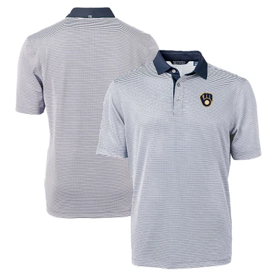 Men's Cutter & Buck Navy/White Milwaukee Brewers Virtue Eco Pique Micro Stripe Recycled Big Tall Polo