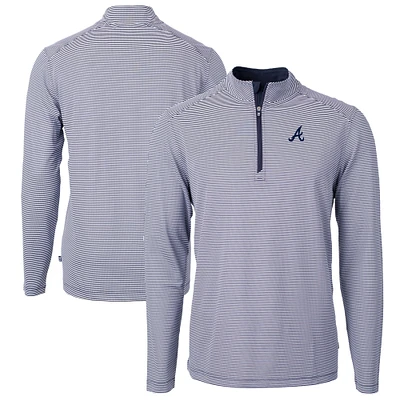 Men's Cutter & Buck Navy/White Atlanta Braves Virtue Eco Pique Micro Stripe Big Tall Recycled Quarter-Zip Pullover Top