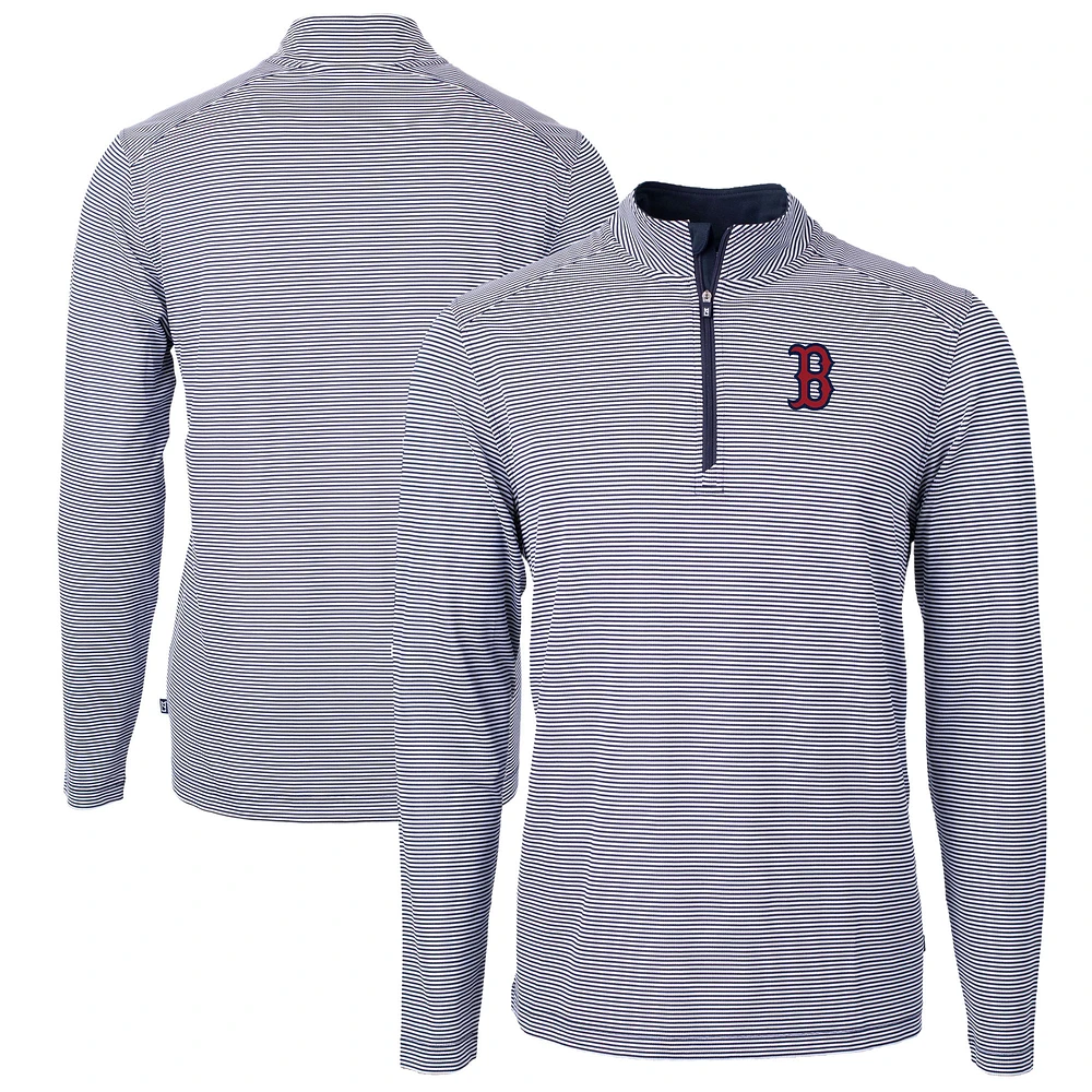 Men's Cutter & Buck Navy/White Boston Red Sox Virtue Eco Pique Micro Stripe Big Tall Recycled Quarter-Zip Pullover Top