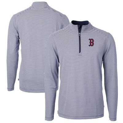 Men's Cutter & Buck Navy/White Boston Red Sox Virtue Eco Pique Micro Stripe Big Tall Recycled Quarter-Zip Pullover Top