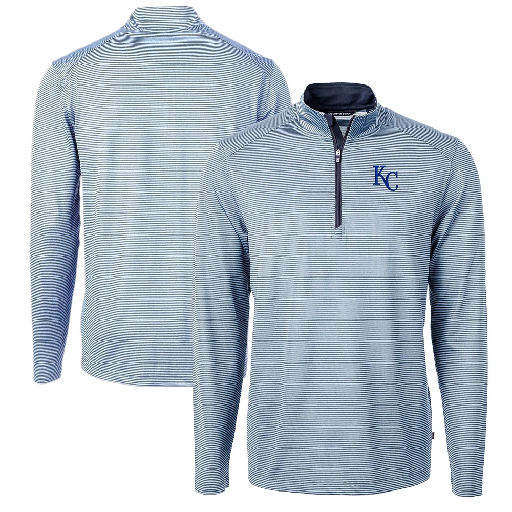Men's Cutter & Buck Light Blue/Navy Kansas City Royals Virtue Eco Pique Micro Stripe Big Tall Recycled Quarter-Zip Pullover Top