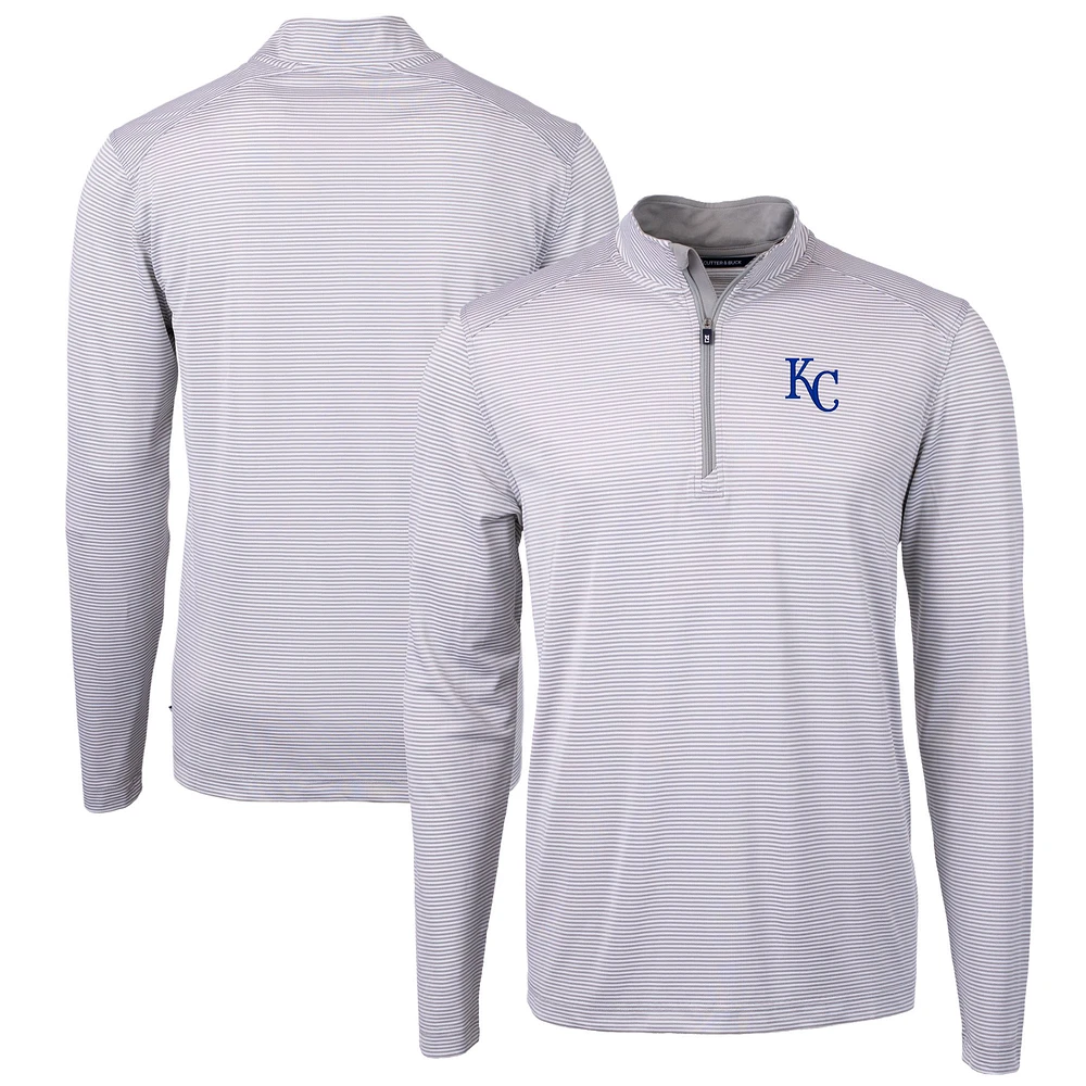 Men's Cutter & Buck Gray/White Kansas City Royals Virtue Eco Pique Micro Stripe Big Tall Recycled Quarter-Zip Pullover Top