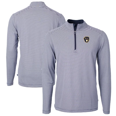 Men's Cutter & Buck Navy/White Milwaukee Brewers Virtue Eco Pique Micro Stripe Big Tall Recycled Quarter-Zip Pullover Top
