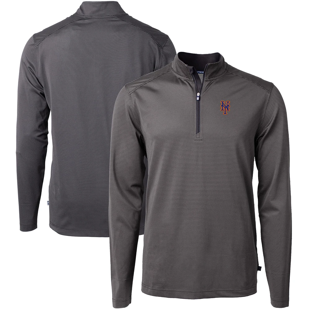 Men's Cutter & Buck Black/Gray New York Mets Virtue Eco Pique Micro Stripe Big Tall Recycled Quarter-Zip Pullover Top