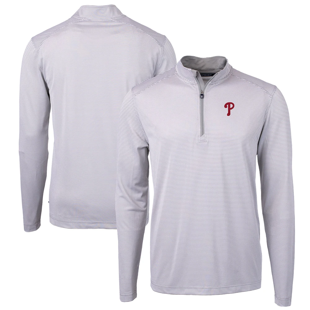 Men's Cutter & Buck Gray/White Philadelphia Phillies Virtue Eco Pique Micro Stripe Big Tall Recycled Quarter-Zip Pullover Top