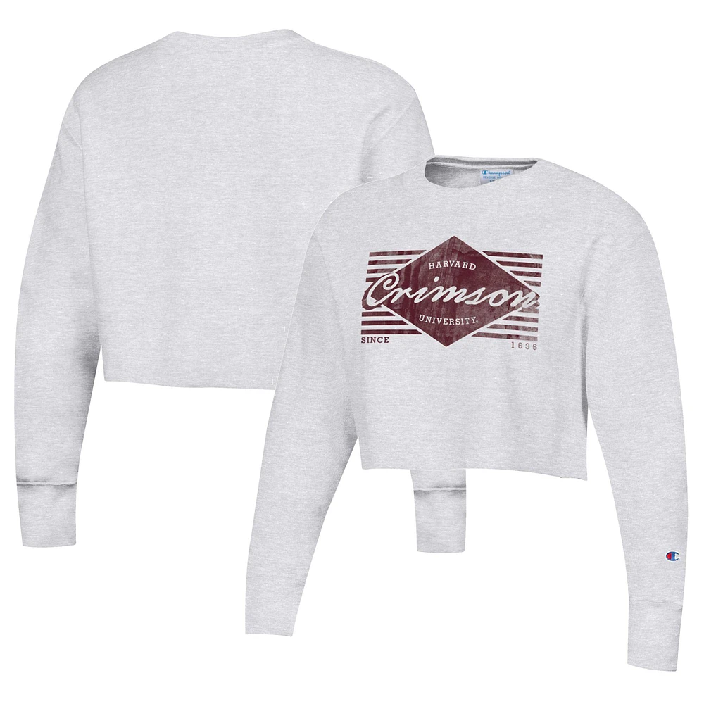 Women's Champion Heather Gray Harvard Crimson Reverse Weave Cropped Pullover Sweatshirt