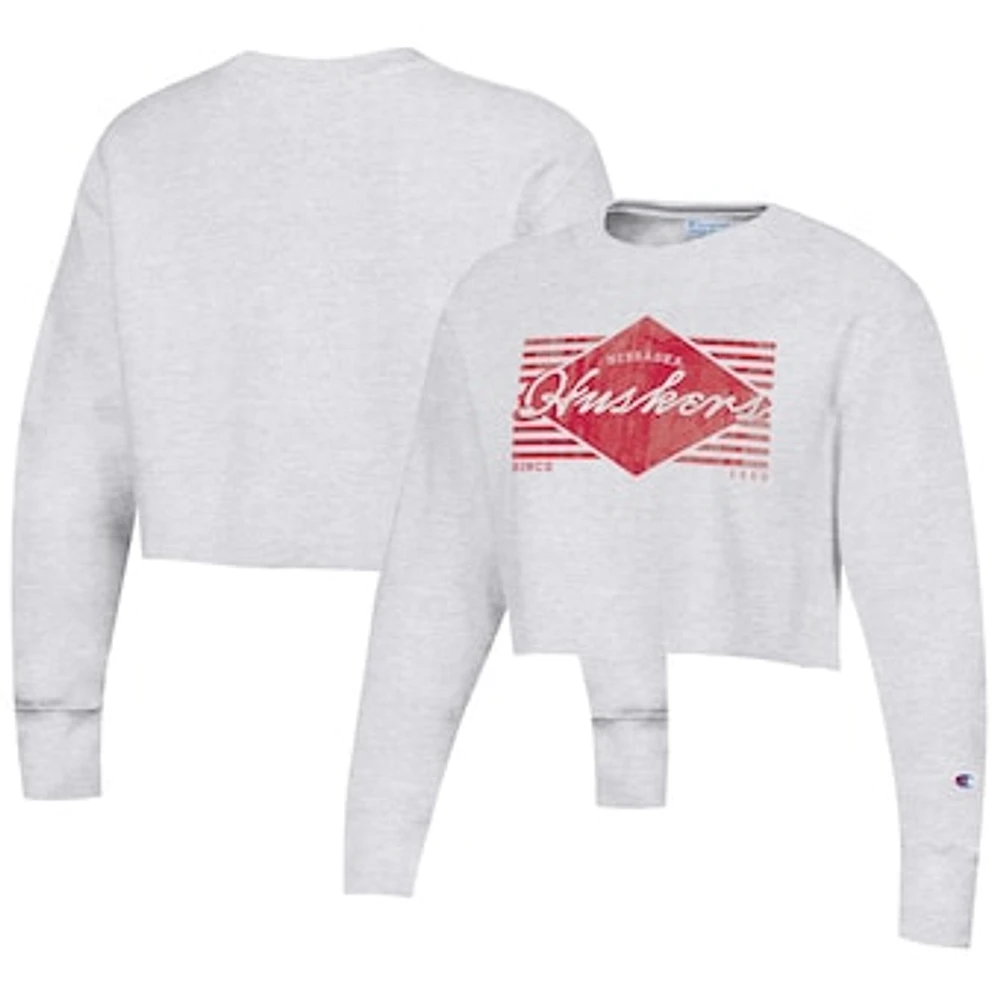 Women's Champion Heather Gray Nebraska Huskers Reverse Weave Cropped Pullover Sweatshirt