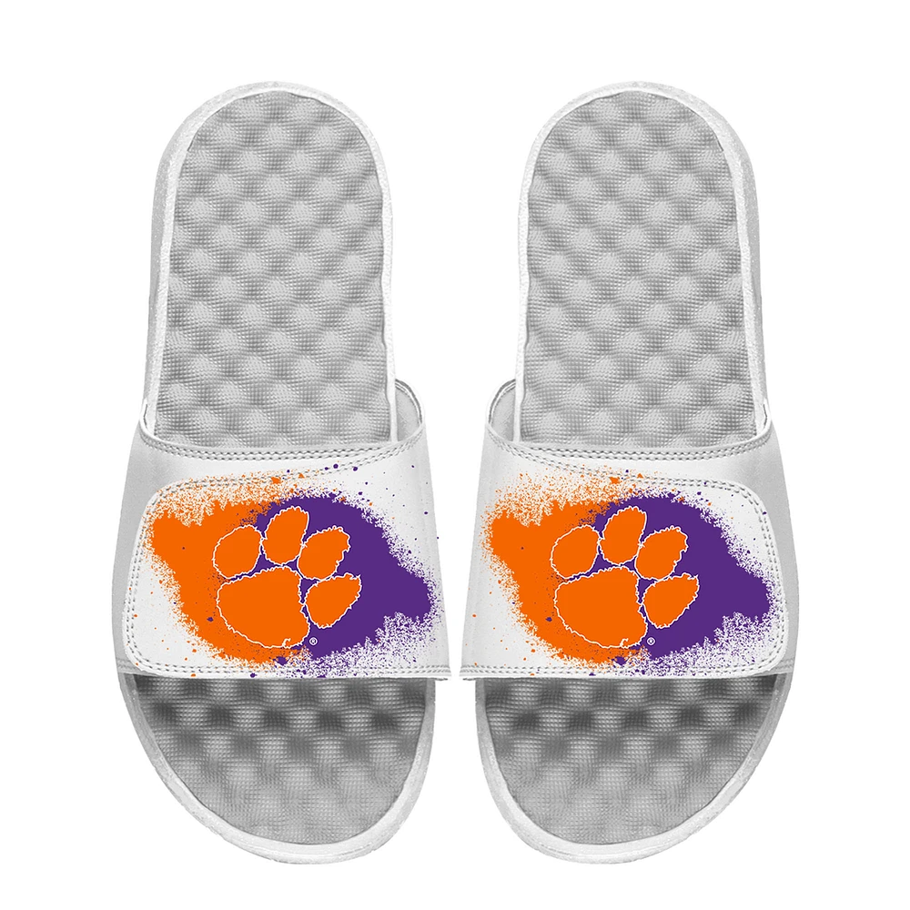 Youth ISlide White Clemson Tigers Spray Paint Slide Sandals