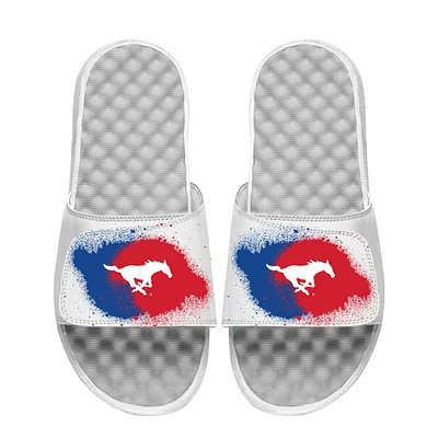 Youth ISlide White SMU Mustangs Spray Paint Slide Sandals