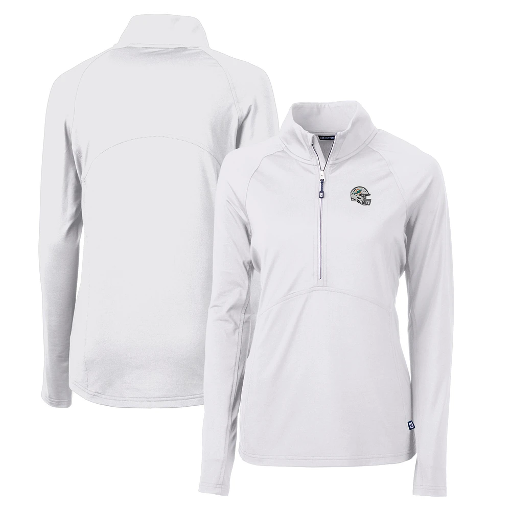 Women's Cutter & Buck White Miami Dolphins Helmet Logo Adapt Eco Knit Stretch Recycled Half-Zip Pullover Top