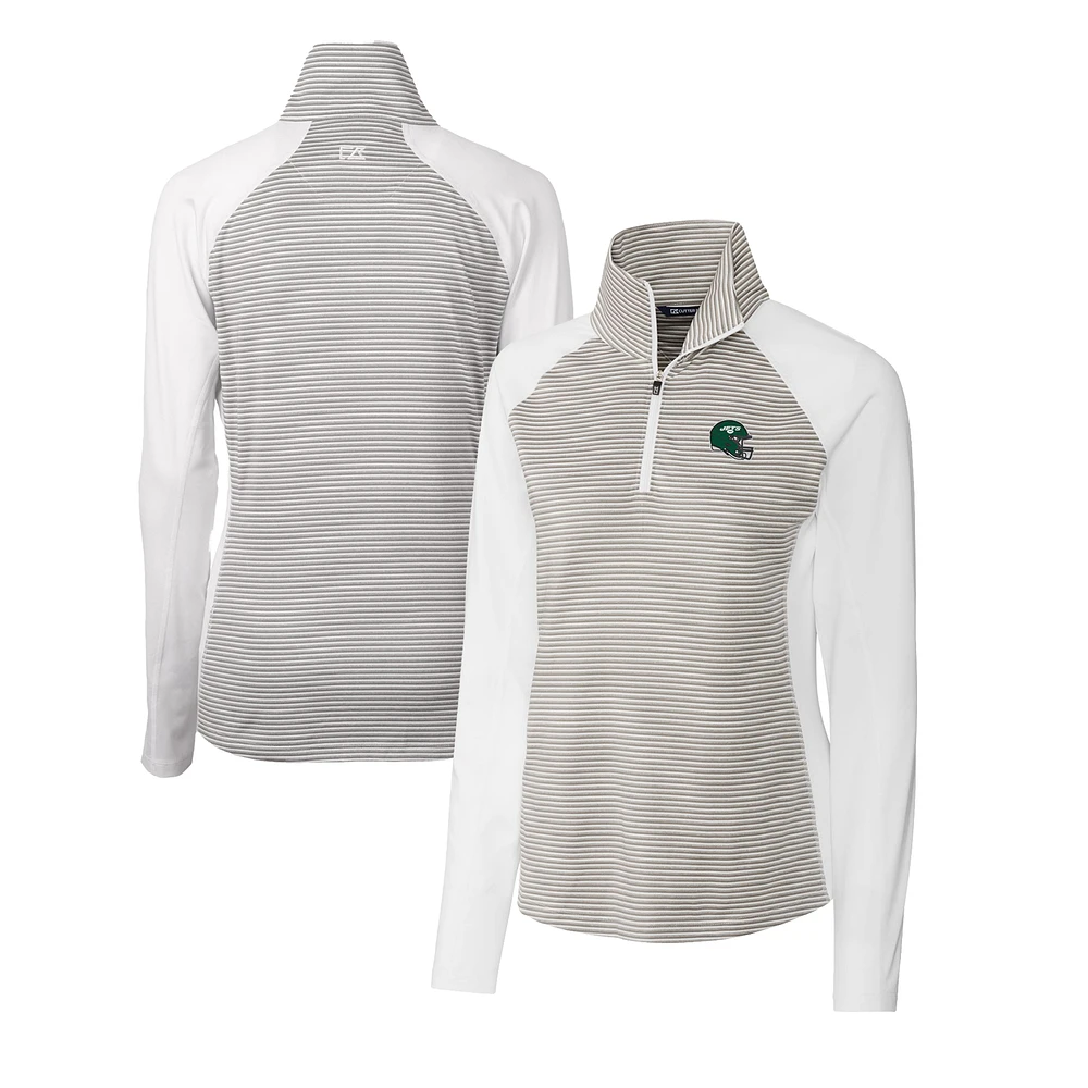 Women's Cutter & Buck White New York Jets Helmet Logo DryTec Forge Tonal Stripe Stretch Half-Zip Top