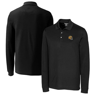 Men's Cutter & Buck Black Green Bay Packers Helmet Advantage Tri-Blend Pique Long Sleeve Polo