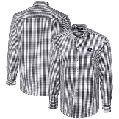 Men's Cutter & Buck Charcoal Minnesota Vikings Helmet Easy Care Stretch Gingham Long Sleeve Button-Down Shirt