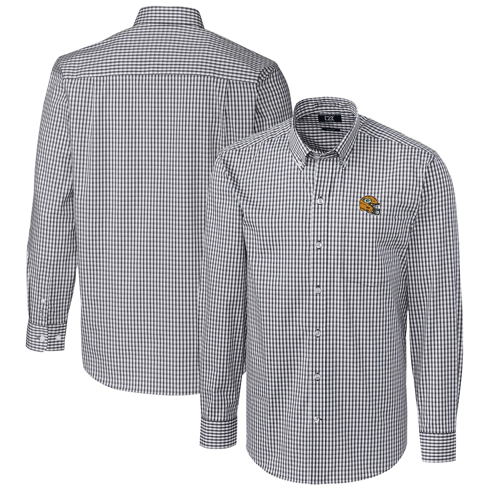 Men's Cutter & Buck Charcoal Green Bay Packers Helmet Easy Care Stretch Gingham Long Sleeve Button-Down Shirt