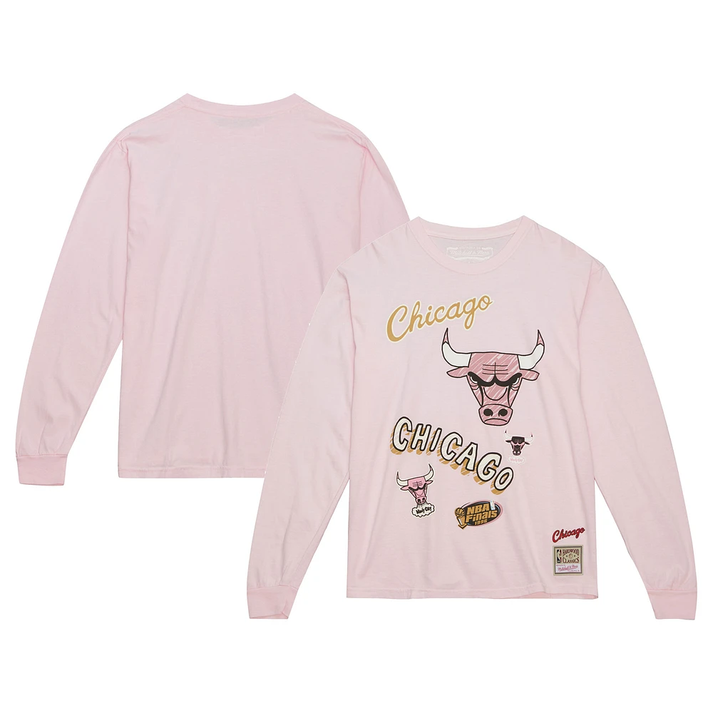 Men's Mitchell & Ness Light Pink Chicago Bulls 1996 NBA Finals Hardwood Classics Sidewalk Sketch Long Sleeve T-Shirt