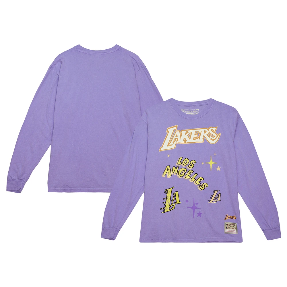 Men's Mitchell & Ness Lavender Los Angeles Lakers Hardwood Classics Sidewalk Sketch Long Sleeve T-Shirt