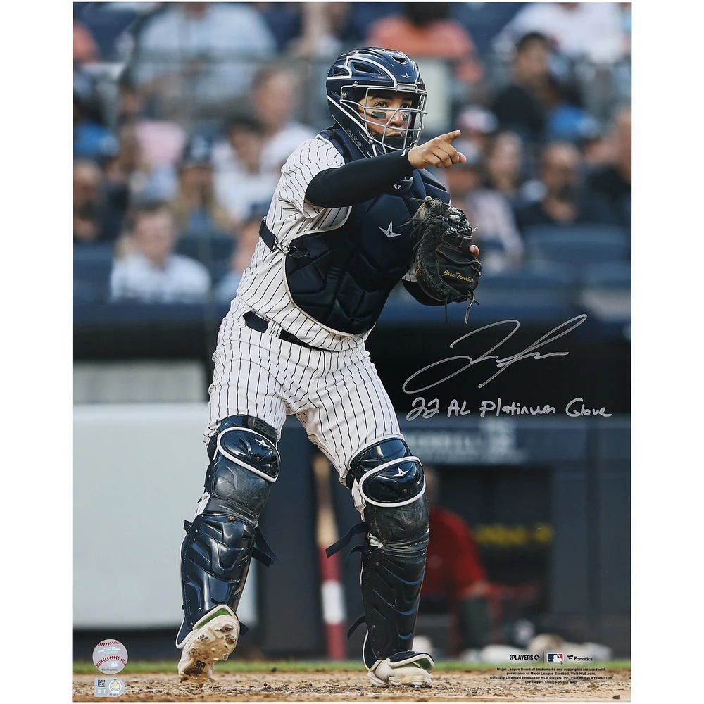Jose Trevino New York Yankees Autographed 16" x 20" Catching and Point Photograph with "22 AL Platinum Glove" Inscription