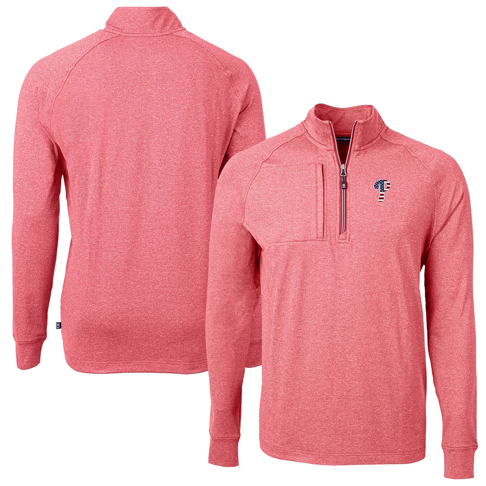 Men's Cutter & Buck Heather Red Philadelphia Phillies Americana Logo Big Tall Adapt Eco Knit Stretch Recycled Quarter-Zip Pullover Top